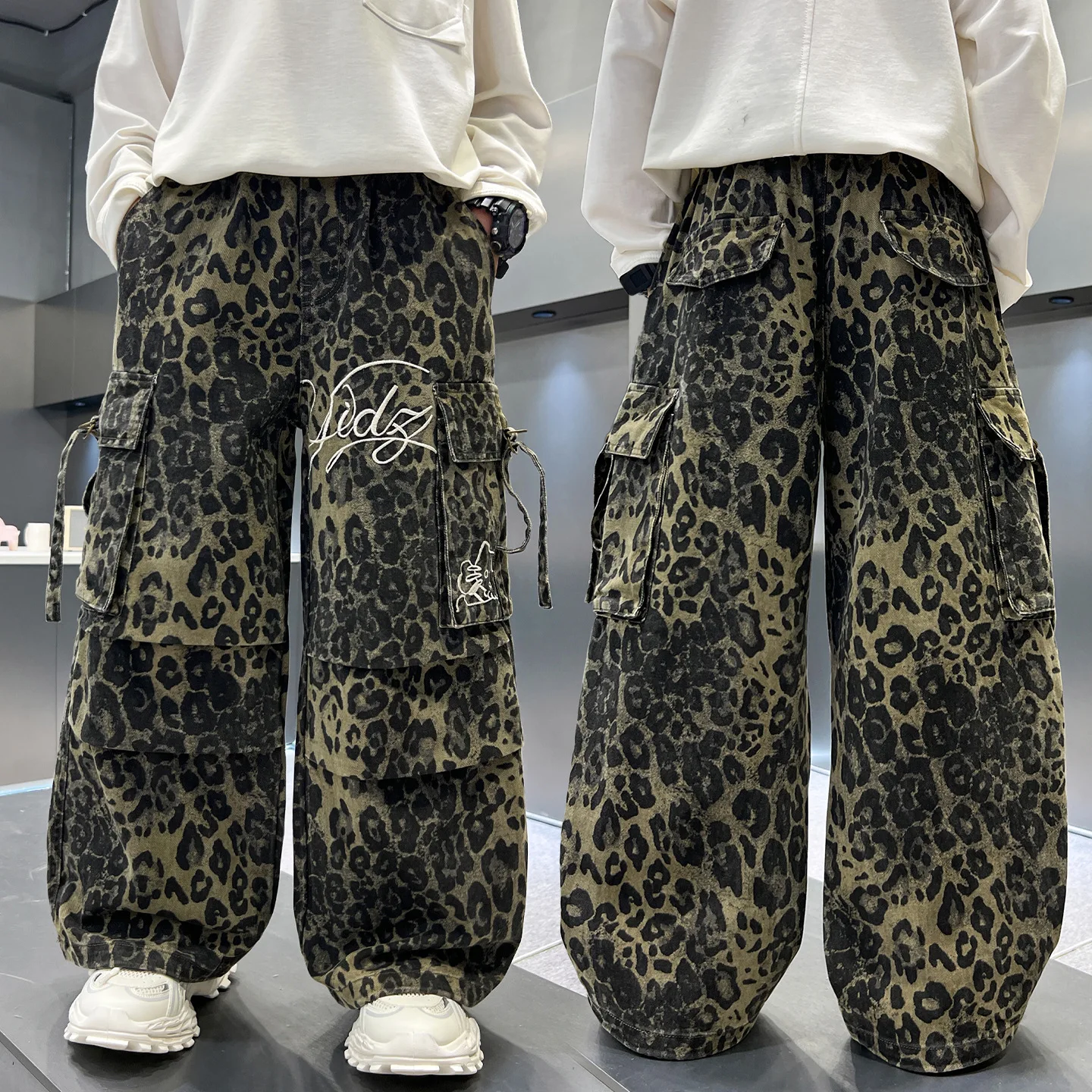 Teen Boys Streetwear Leopard Print Wide Leg Cargo Pants 2026 New Autumn Loose Cool Casual Trousers for Big Kids 5-14years Old