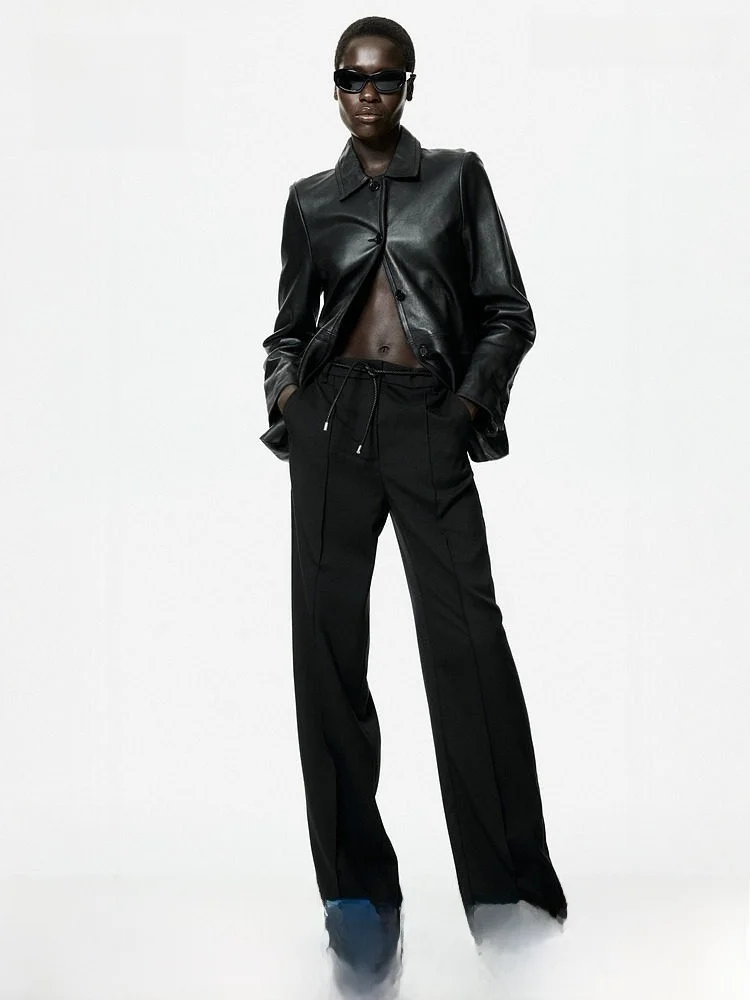 

Новые женские брюки H&M весенней коллекции: прямые, с поясом, с высокой талией, из смесового полиэстера и спандекса, удобные, повседневные