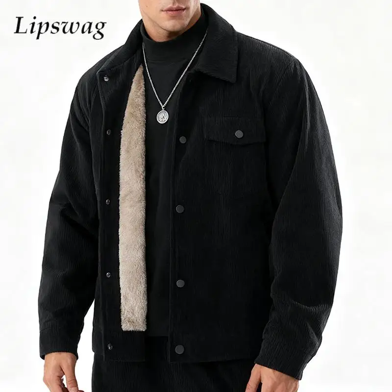 

Fall Winter Warm Fleece Lining Coat Mens Vintage Buttoned Lapel Corduroy Jackets Men Streetwear Stylish Solid Color Outerwear