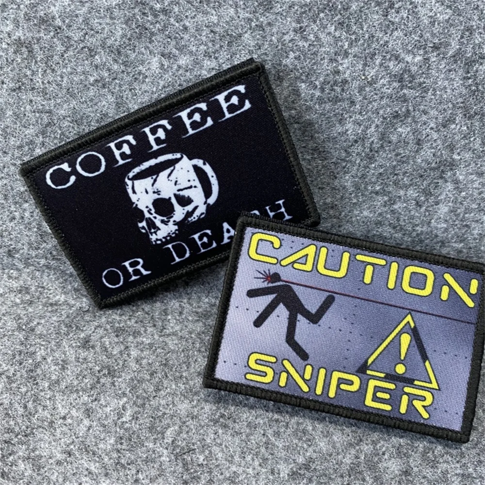 Coffee or Death Tactical Military Patch Hook and Loop Morale Badge CAUTION SNIPER Aim At Outdoor Backpack Sticker Armband Emblem