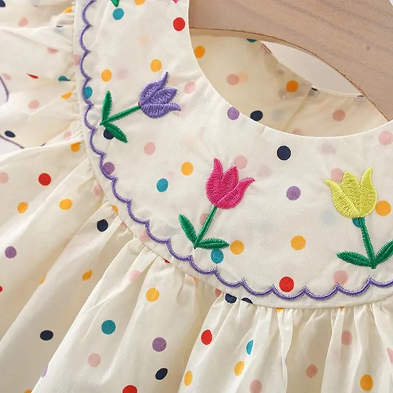 Girls Summer New Short Sleeved Dress Flower Embroidered Colorful Dotted Doll Neck Princess Dress 0-3 Years Old