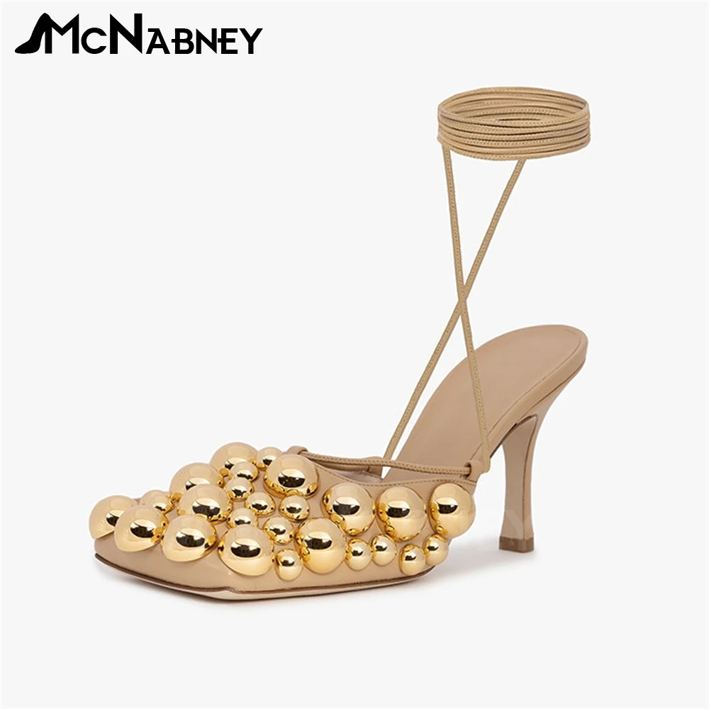 

Asymmetric Metallic Bubbles Sandals Beige Leather Ankle Strap Stilettos Customizable Women's Handmade Designer Sandals in Stock