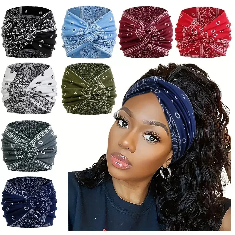 Women Headbands Wide Hair Wrap Turban Paisley Print Twist Headband for Women Large Sport Workout Stretch Non-slip Big Hairbands
