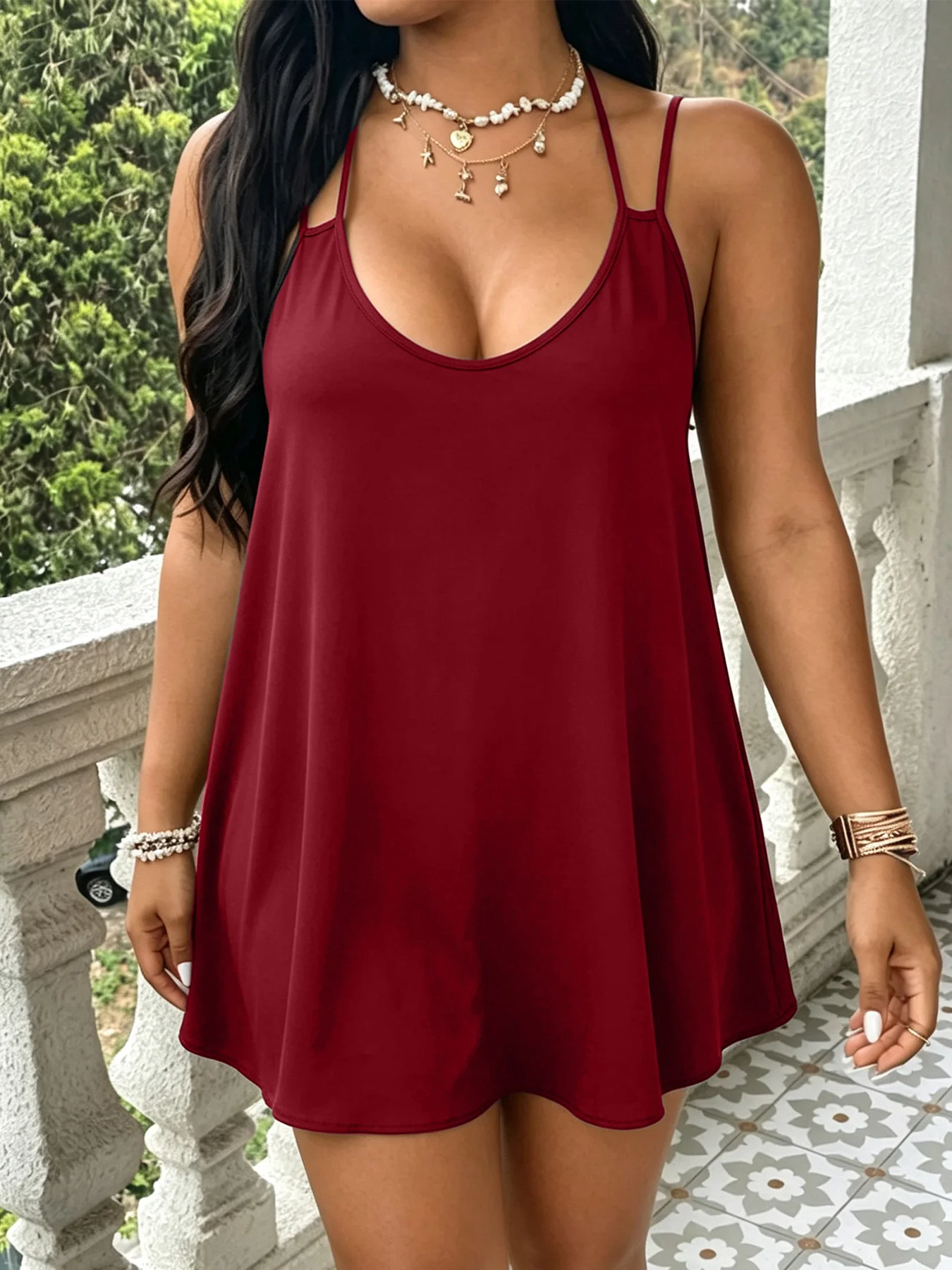 Pure Solid Dual Spaghetti Strap Plus Size Knit Flowy Tank Top, Vintage US Trendy Skin-Friendly Casual Style All Season Irregular Hem Cami Wide Color Range For Curvy Females Daily Gathering Going Out image 6