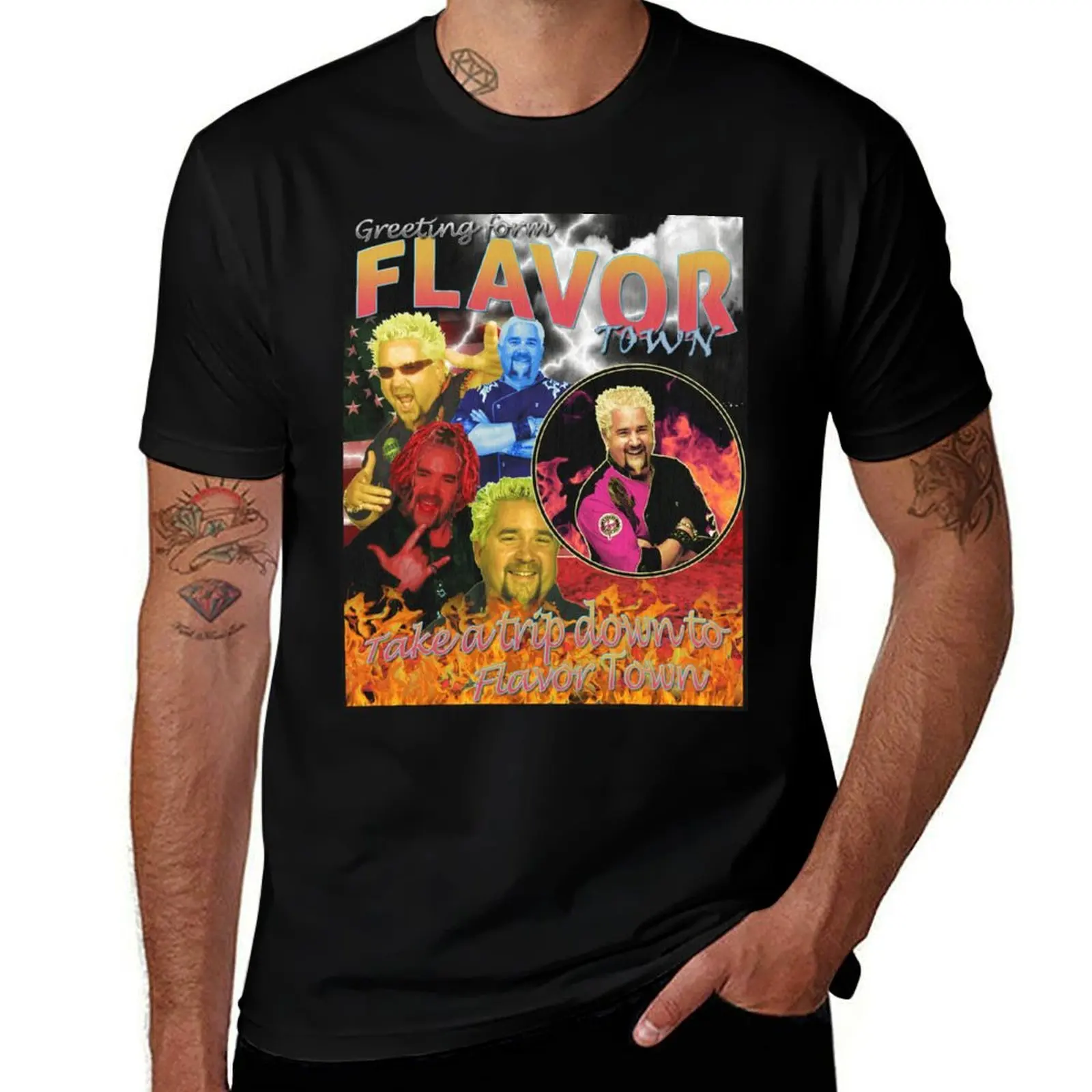 Guy Fieri Flavor Town Vintage T-Shirt Gym Wear Breathable Short Sleeve Tee T-Shirt