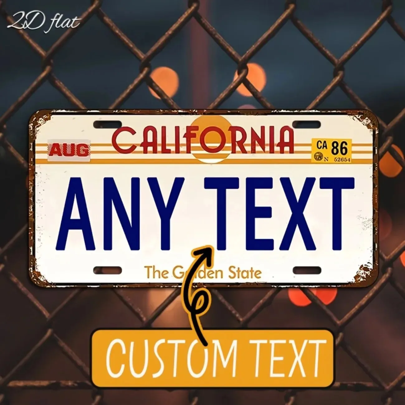 Customizable California 2D Flat Metal License Plate - Personalized Text/Logo | Vintage Home/Car/Garage Decor Gift (Decor Only) view 3