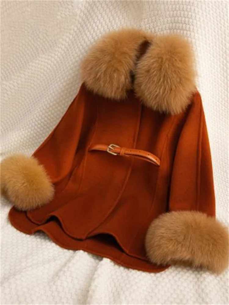 New Wool Double sided Cashmere Coat for Girls Children Belt Fox Hair Collar  Coat for Winter