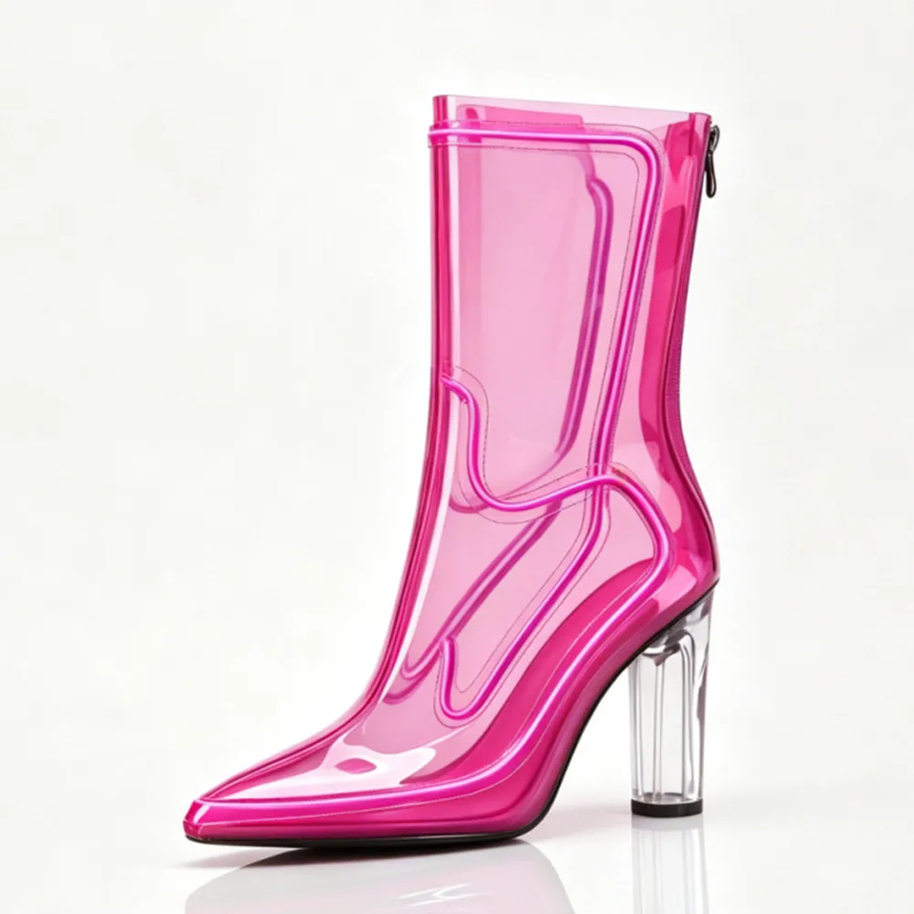 Ladies' Transparent Thick High-Heeled Short Boots for Runway Shows, Stage Banquets, Christmas Night Light Parties, Fashion Boots