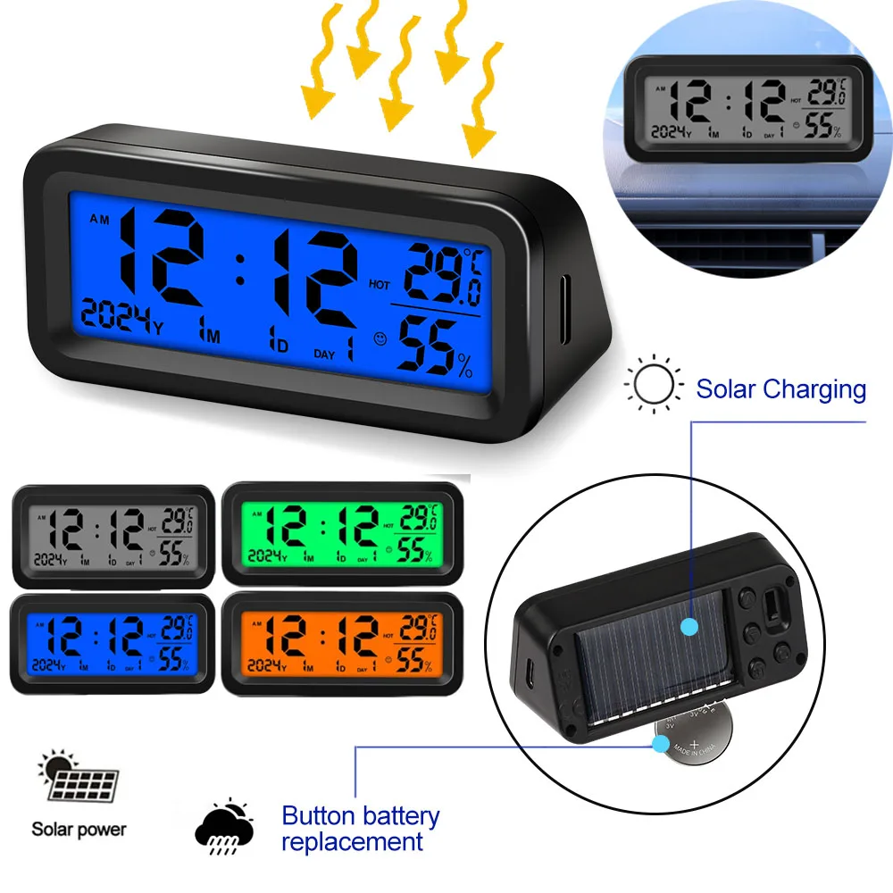 Solar Car Digital Clock Led Digital Clock Thermometer Hygrometer DisplayTime with Back Luminous Car Accessories