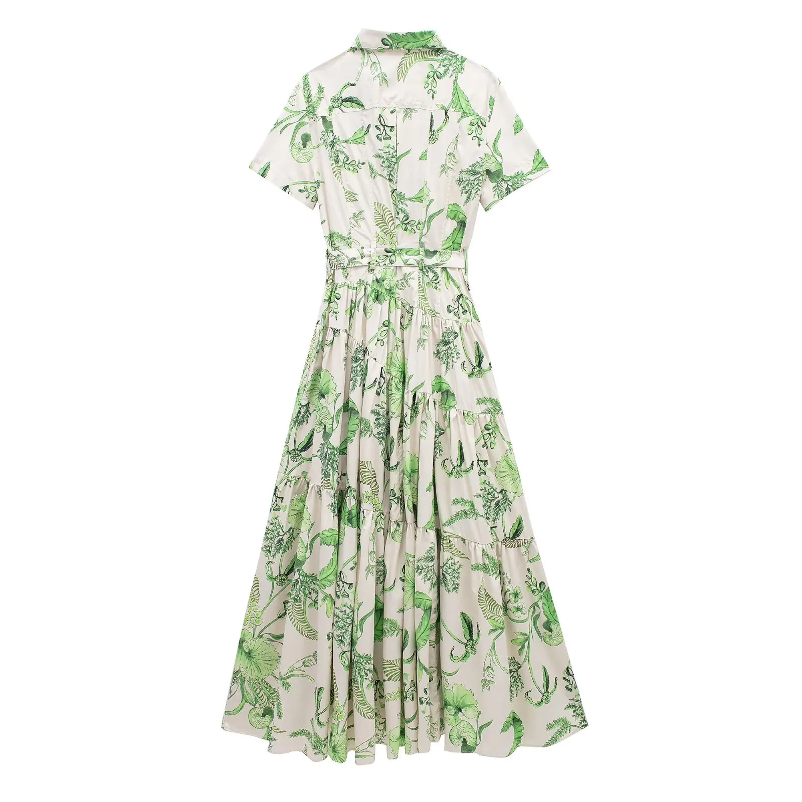 Elegante vestido estampado feminino, estilo de camisa, manga curta, cintura de gravata, peito único, vestido floral solto