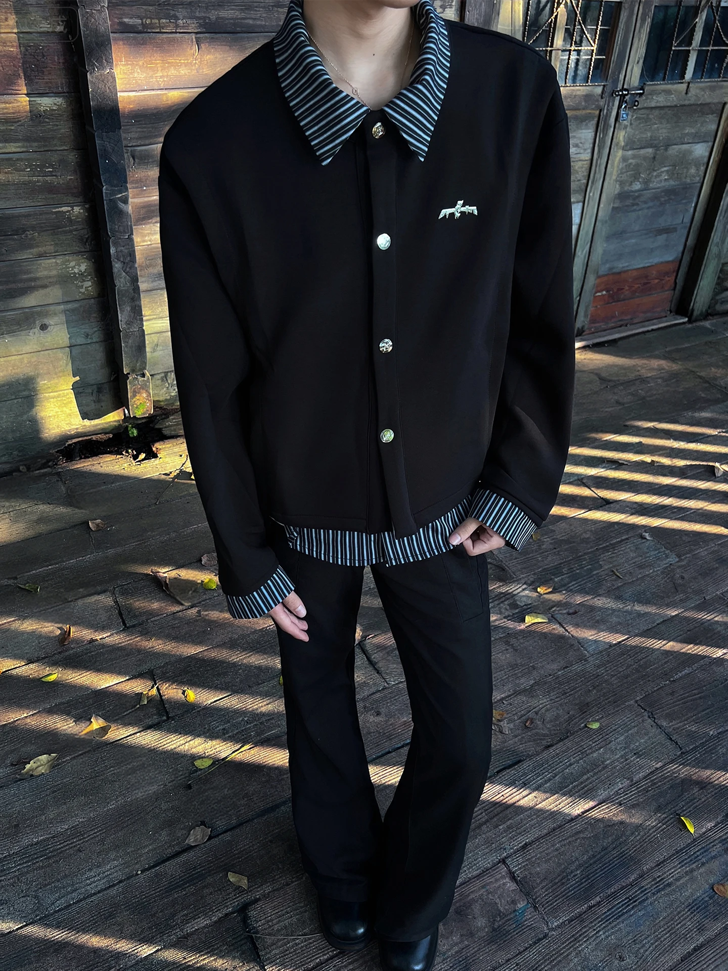 

Bla Striped irt Sweater Men's Cleanfit High-End Patchwork Jaet Couple Sle Sweatirt Set Casual Long Sve Autumn Wear