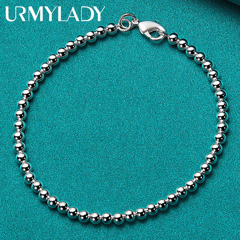 URMYLADY Fine 925 Sterling Silver 6MM Beaded Bracelet For Men Women Wedding Engagement Party Fashion Charm Jewelry Gifts