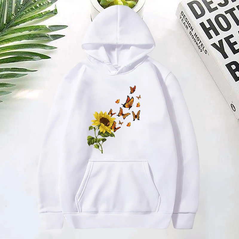 

New Sunflower Butterfly Letter Print Hooded Fashion Women Girl Sweatshirt Long Sleeve Casual Tops Harajuku Sweatshirt