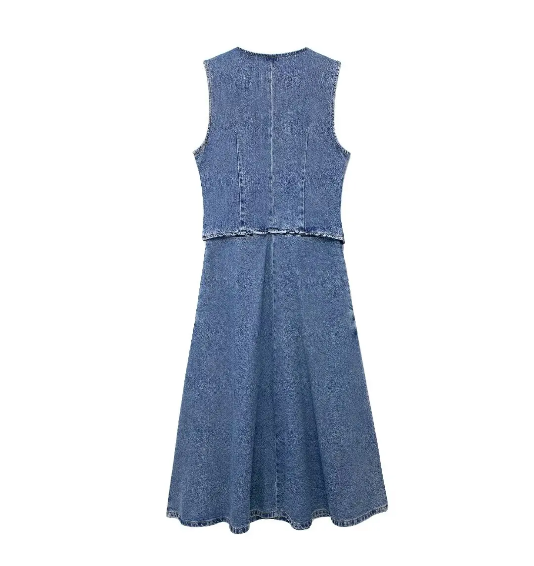 TRAFZA Elegant Vintage Denim Vest-Style Sleeveless Dress Women's Buttons Dress New 2024 Summer Fashion Holiday Glamorous Dress