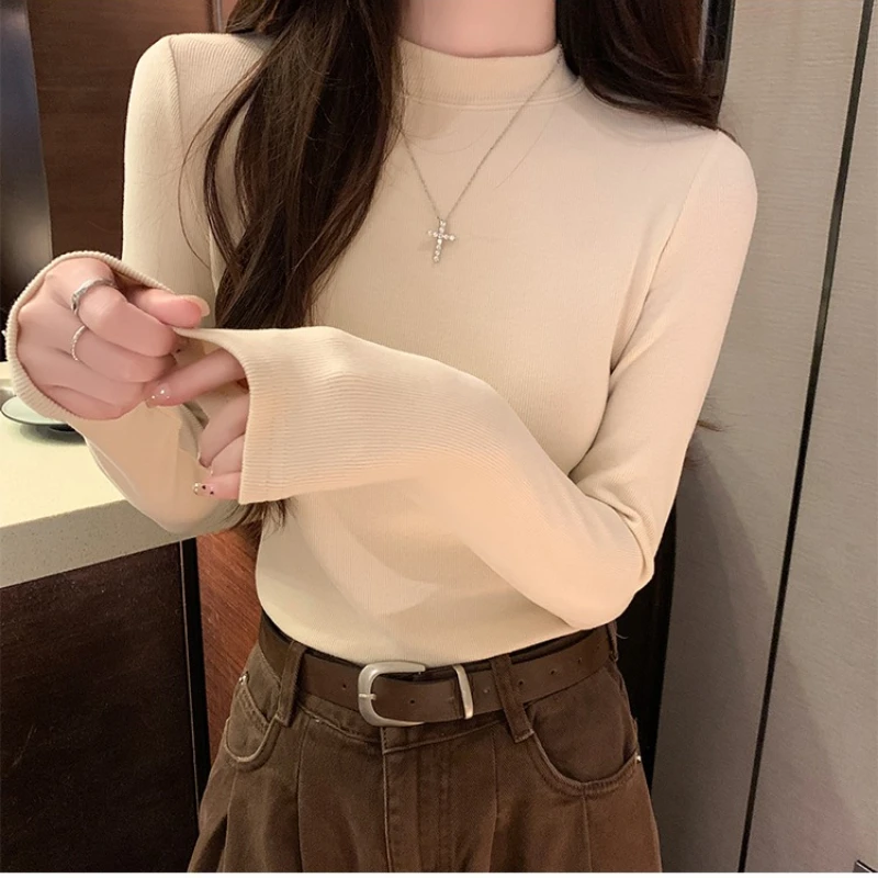 

Осень-зима, вязаная полуводолазка, женские пуловеры, рубашки, новинка 2025 года, однотонные повседневные корейские тонкие женские топы с длинными рукавами
