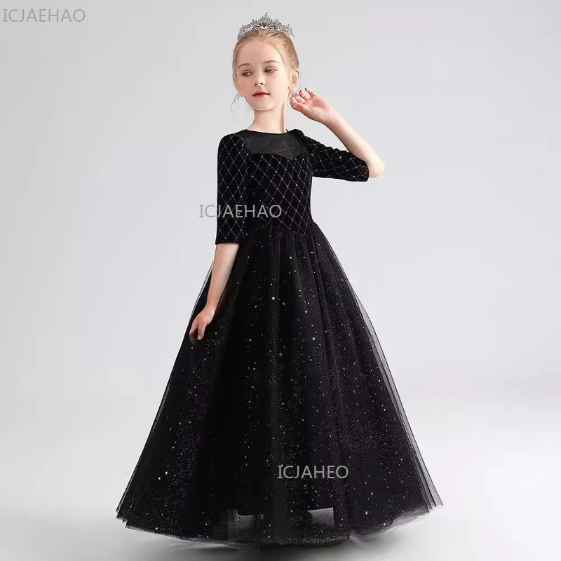 Black Girls Piano Violin Performance Gown Children Puffy Tulle Kids Host Performance Formal Party Celebration Evening Clothes