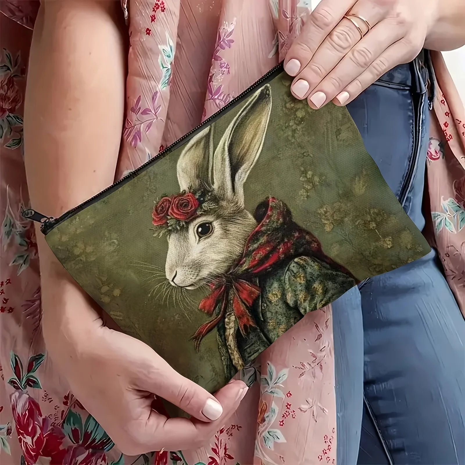 1pc Vintage Rabbit Print Storage Bag,Reusable Tote Bag,Perfect for Daily,Travel,Makeup Storage,Whimsical Gift for Vintage Lovers