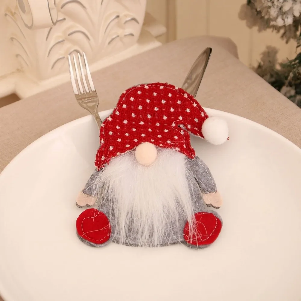 Felt Christmas Utensil Pocket Beard Christmas Table Setting Christmas Gnome Cutlery Holder Decorative Hat Pattern Dining Case