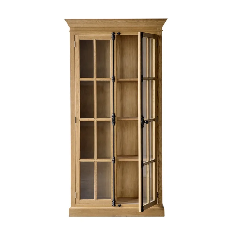 

American country, French retro style solid wood furniture heaven and earth lock glass oak bookcase all solid wood bookcase