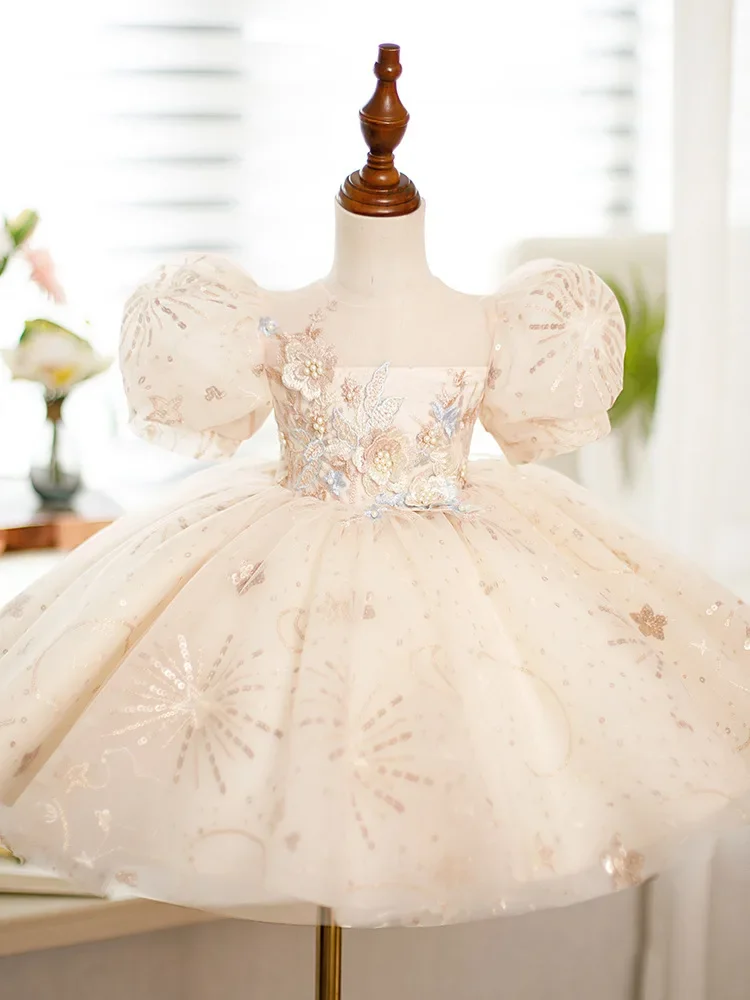 Baby Girl Champagne Lace Flower Tulle Christening Princess Toddler Birthday Party Ball Gown Dress Newborn Children Baptism Gown