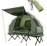 Camp bed with tent for 2 people,camping bed with air mattress,2 pillows and awning,with carrying bag on wheels,194x145x187cm