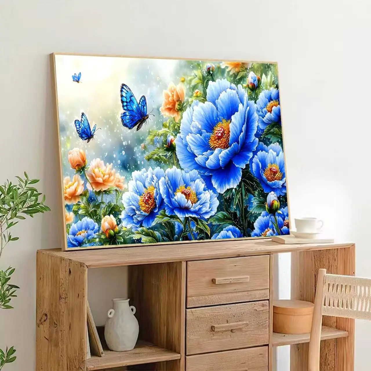 

Современный простой набор для вышивания крестиком с синими цветами и пионами, с бисером, на хлопковой ткани, для домашнего текстиля, новинка 2026 года