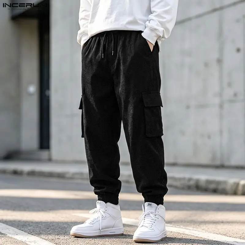 2026 Men's Pants Solid Color Drawstring Joggers Workout Casual Cargo Pants For Man Streetwear Pockets Loose Trousers INCERUN
