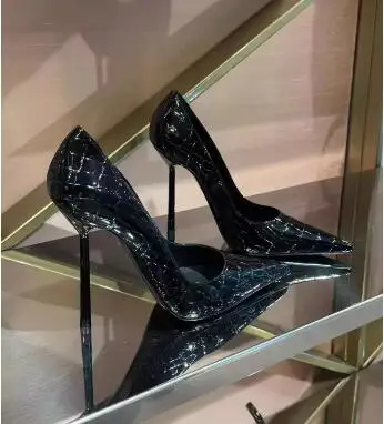 Size 33 Black Stone Pattern Leather Pointed Toe Stiletto Pumps Women Pointed Toe Shallow Slip On 6 8 10 CM Thin Heels Pumps Shoe