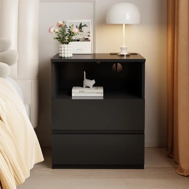 Modern End Table with USB-C Charging Station, Sofa Side Table featuring 2 Drawers, Large Storage Wood Cabinet for Living Room,