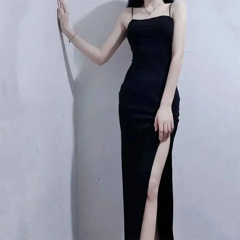 

Lucyever Black Spaghetti Strap Women S Summer Sexy Tight Side Split Long Dresses Female Elegant Bodycon Maxi Dress