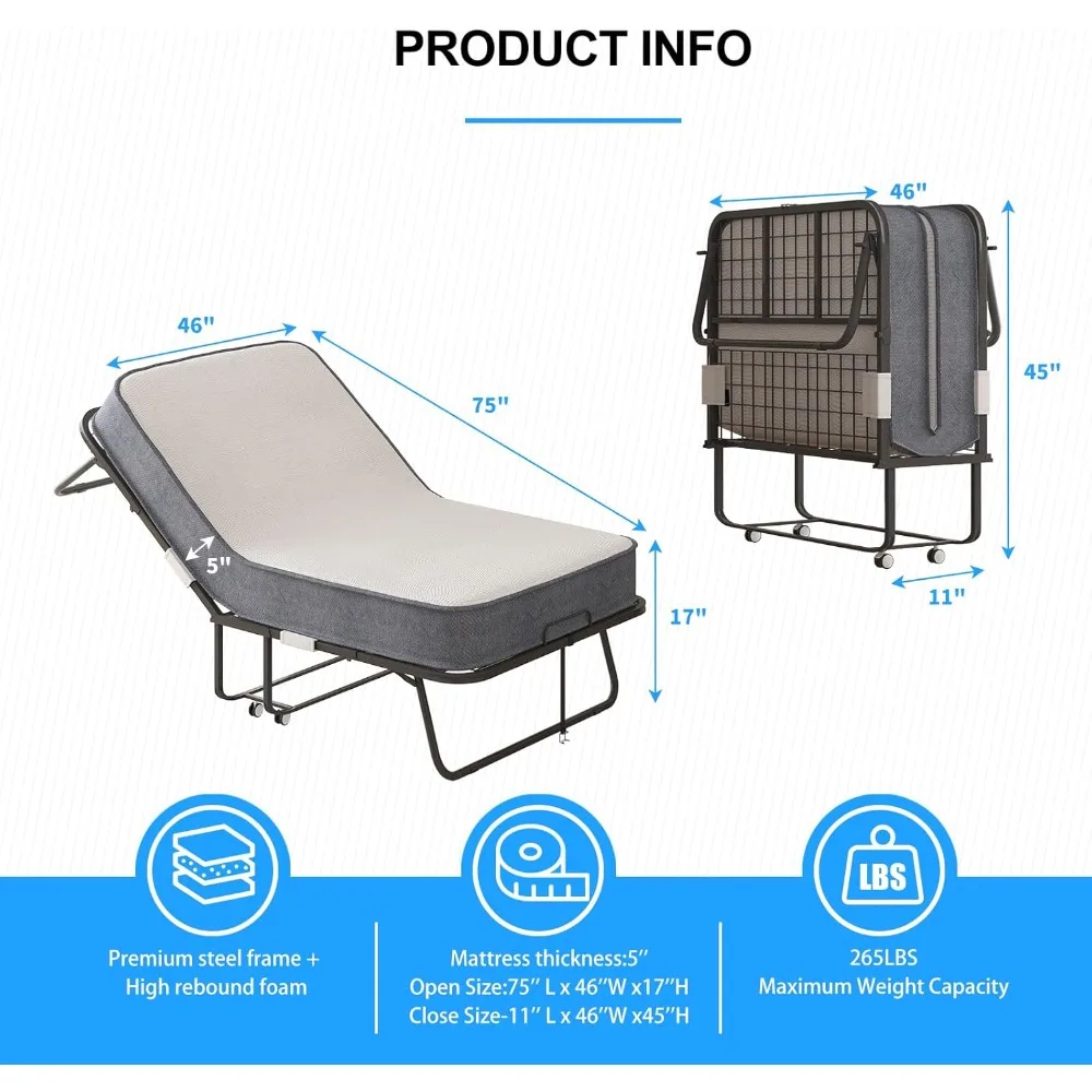سرير قابل للطي مع 5 مرتبة إسفنجية ميموري، سرير قابل للطي بإطار معدني وعجلات قابلة للقفل، سرير ضيوف محمول للراحة