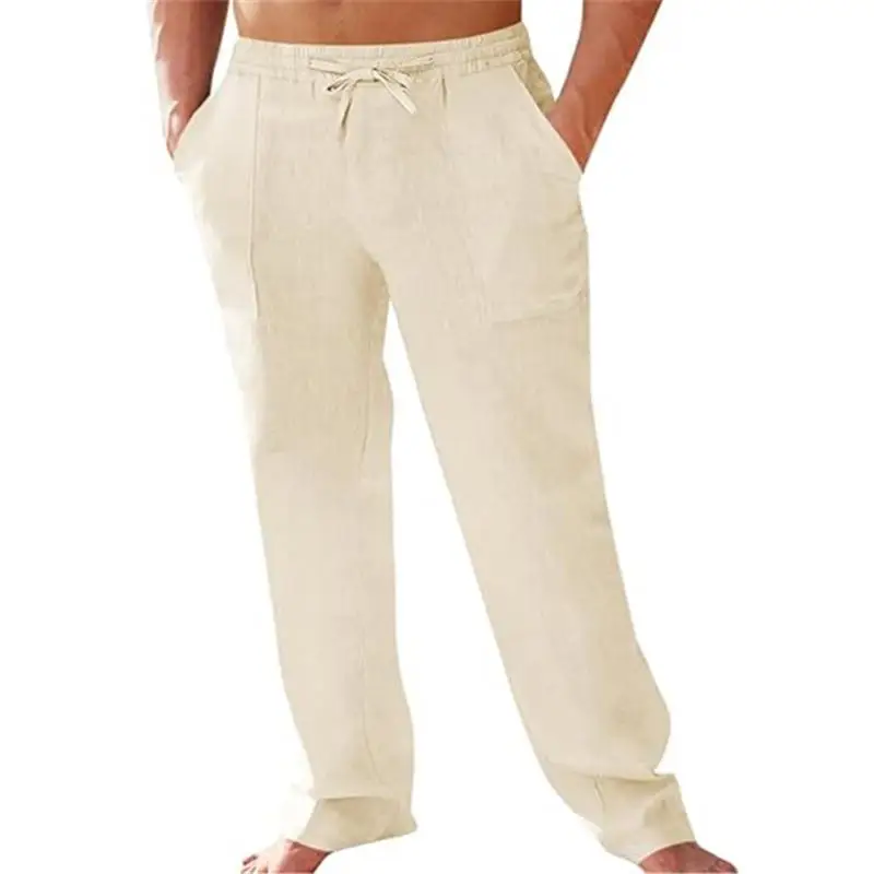 

Мужские льняные брюки прямого кроя с эластичным поясом и шнурком, повседневные прямые брюки с пуговицами, из тканого хлопка, цвет хаки