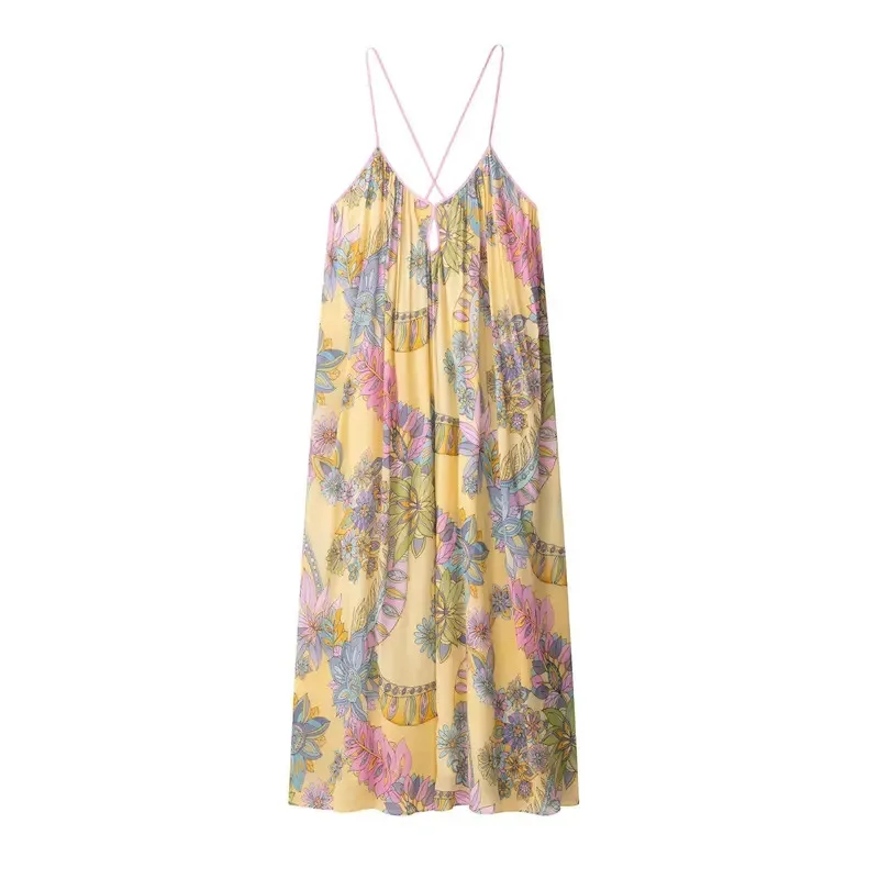 

Women's Summer Festival Printed Backless Dress Loose Thin Suspender Casual Beach Romantique Fashion 2025 Lady Dress