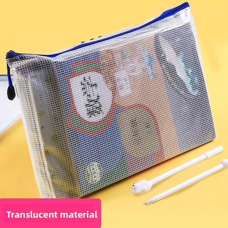Thickened A4 Grid Transparent File Zipper Bag Waterproof Document Pouch for Student School Exam Paper Storage Organizer