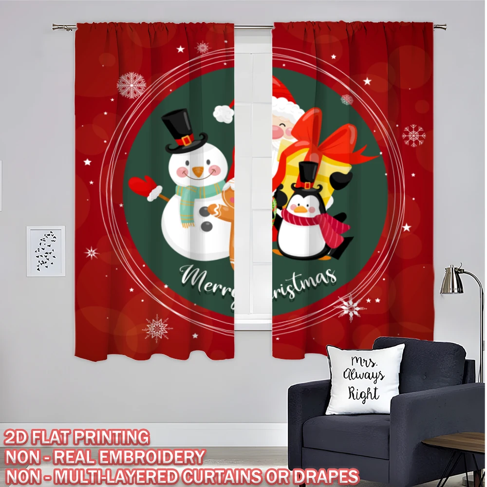 Christmas Flat Printing Curtain with Santa Claus Penguin Snowman Snowflake Gift Box For Christmas Home  Door Windows Decor Party