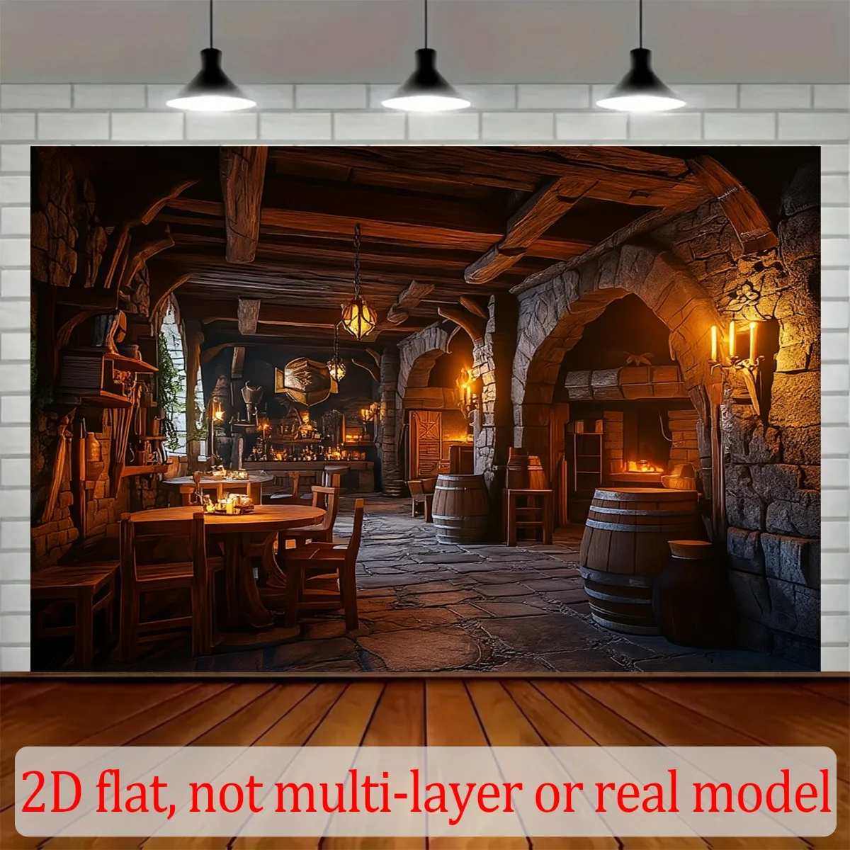 Medieval Tavern Stone Wall Wooden Barrel Candlelight Tapestry 2D Flat Printing Wall Hanging Backdrop for Game Room Bar Decor