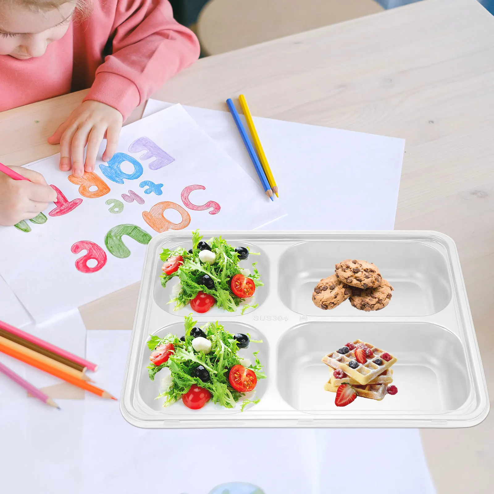 304 Stainless Steel Food Plate Thickened Grid Design For Camping Picnic Travel Divided Tray Kitchen Tableware