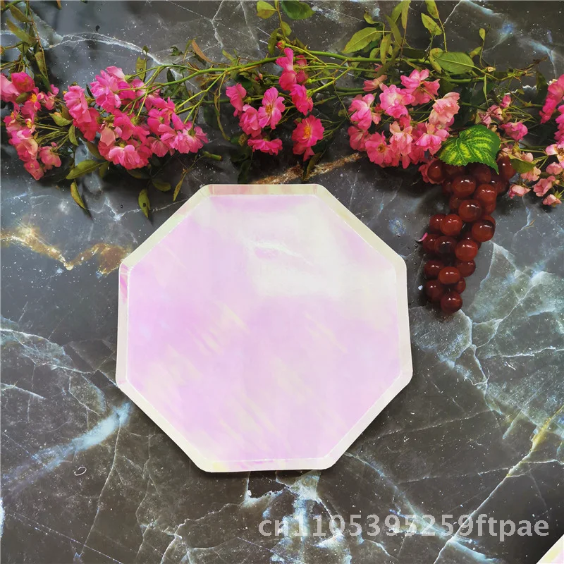 Disposable Octagon Flat Plate Set with Paper Cup And Cutlery for Birthday Party Laser Powder Design 7inch/9inch Options