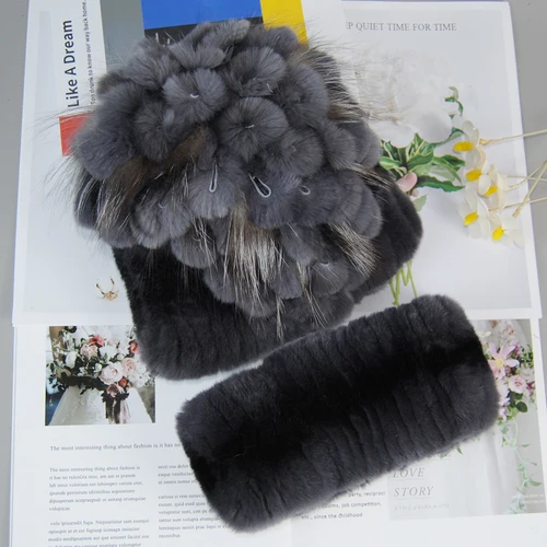 새로운 스타일 레이디 니트 모피 모자 머플러 2 조각 여성 따뜻한 렉스 토끼 모피 모자 스카프 세트 겨울 자연 렉스 토끼 모피 모자 스카프 