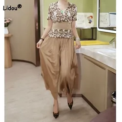 Elegant Fashion Women's Printed Wide Leg Pant Sets Summer Female Clothing Vintage V-Neck Spliced T-shirt Casual Two Piece Set