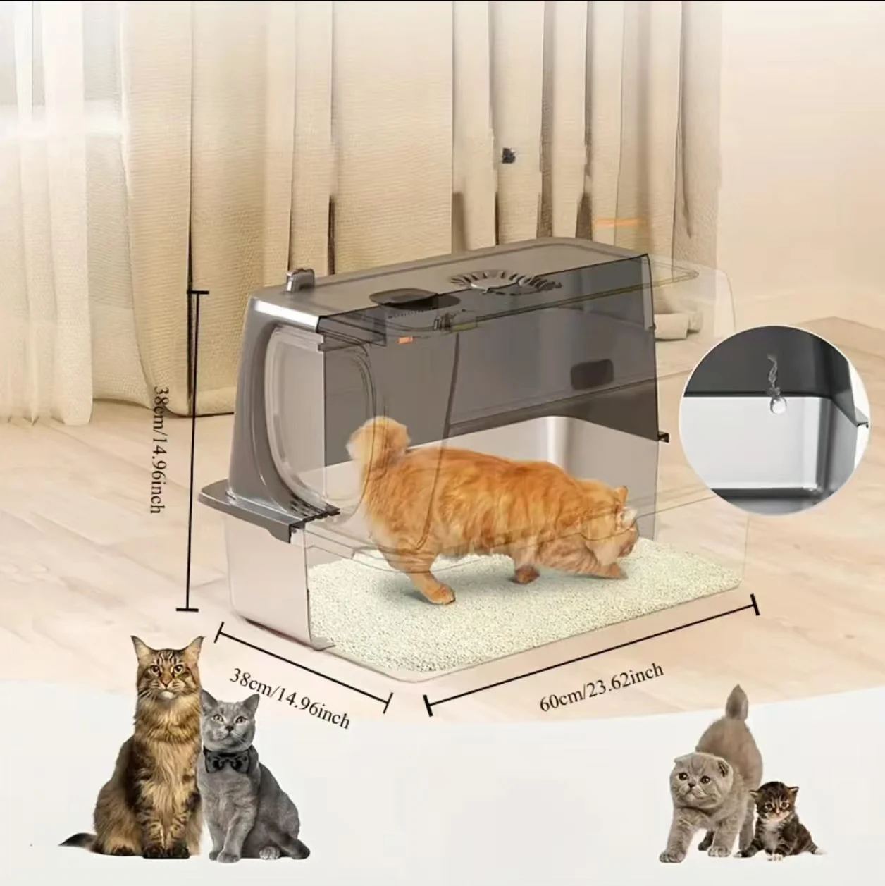 Stainless Steel Cat Litter Box with Lid, 3 in 1 Removable Litter Box for Big/Multiple Cats, High Sides Kitty Litter Pan