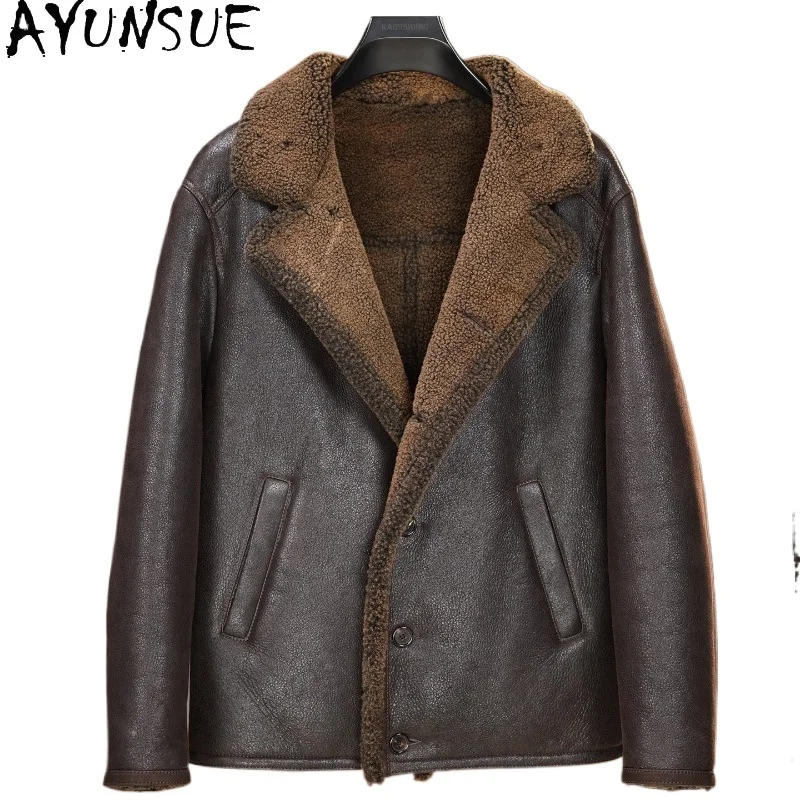 AYUNSUE Natual Fur Coat Men Vintage Oil Wax Heavy Washed Sheepskin Shearling Jacket Single Breasted Warm Real Leather Fur Coats