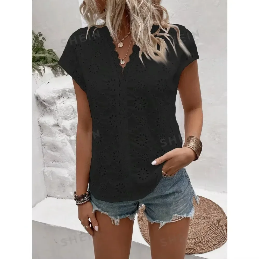 Women Spring Summer Lace Trim Hollow Out Blouse Scallop Edge Casual Daily Commute Layering Comfy Tops