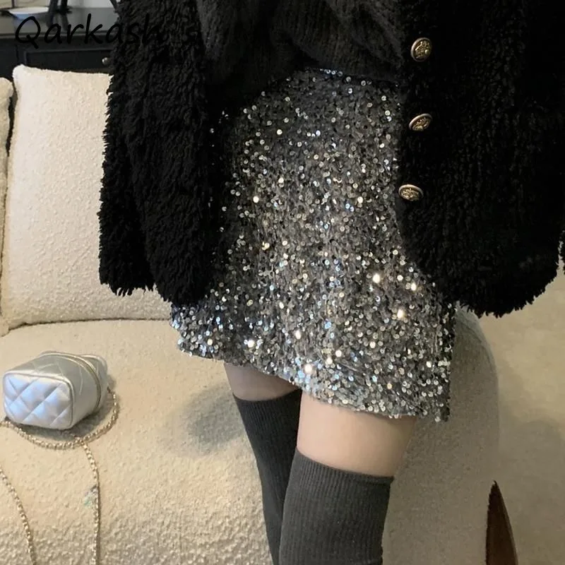 

Sequin Skirts Women Elastic Waist Mini Wrap Hip Slim Sexy Design Korean Trendy Temperament All-match Spicy Elegant Girls Street