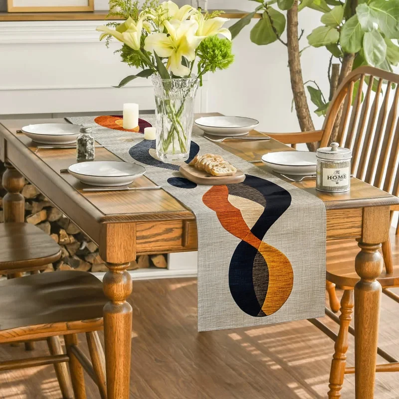 VIKAMA Mid Century Abstract Geometric Table Runner, Linen Textured Washable Table Scarf Neutral Modern Farmhouse Dining Decor