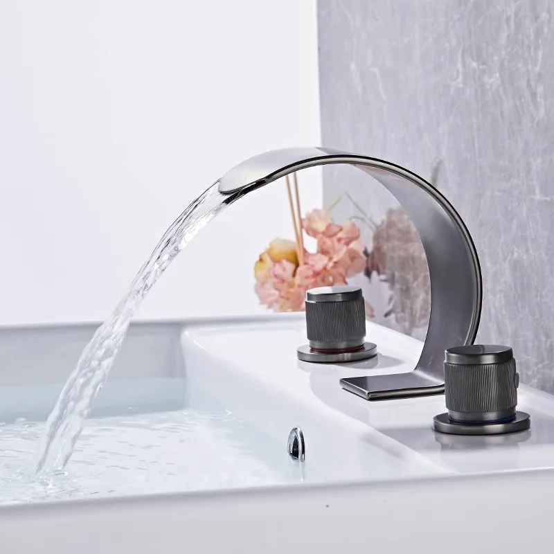 

Three Hole Waterfall Faucet Basin Bathroom Hot and Cold Split Type Vanity Faucet Deck Mounted Washbasin Mixer Taps