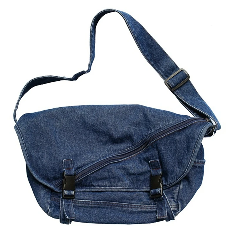 Saco de mensageiro jeans lavado para homens e mulheres, azul escuro, ferramental, personalidade, rua, estudante, esportes, bolsa de ombro