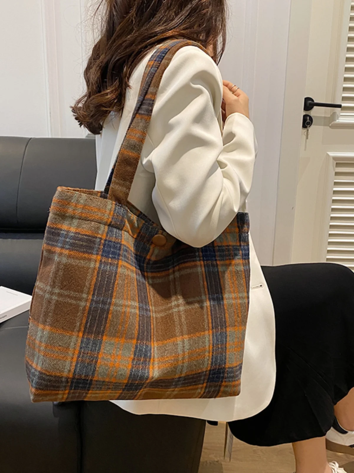 Autumn Winter Plaid Woolen Tote Bag Women