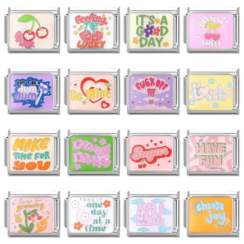 Colorful Words Art Design Power Lucky Have Fun Be Mine Charm Italian Link Fit 9mm Stainless Steel Bracelet Men Women DIY Making