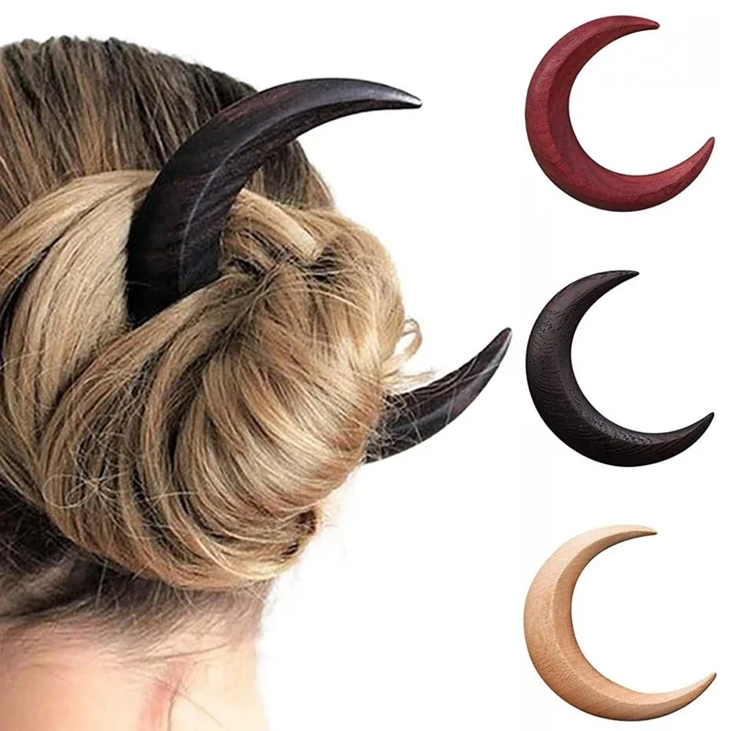 Simple Wood Moon Hair Sticks Hand Carved Wooden Crescent Hair Forks for Women Long Hairpin Comb Styling Fashion Hair Accessories